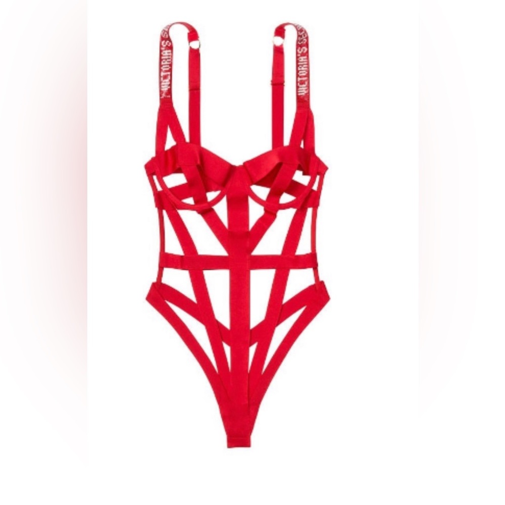Sexy Victorias Secret RED Shine Strap Caged Teddy L